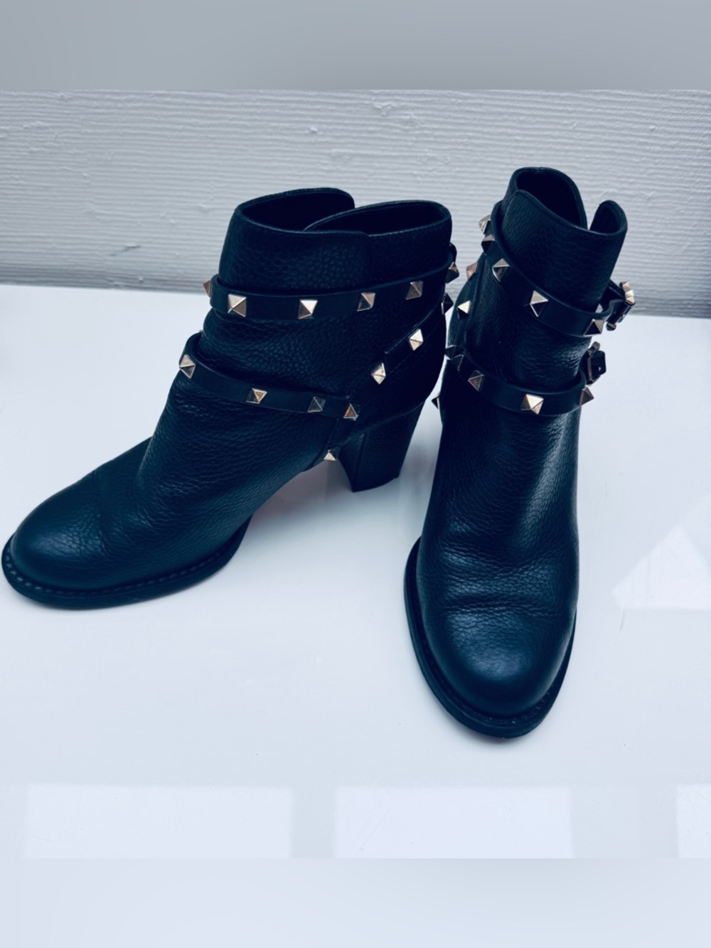 Valentino Black Leather Pyramid-Stud Ankle Booties